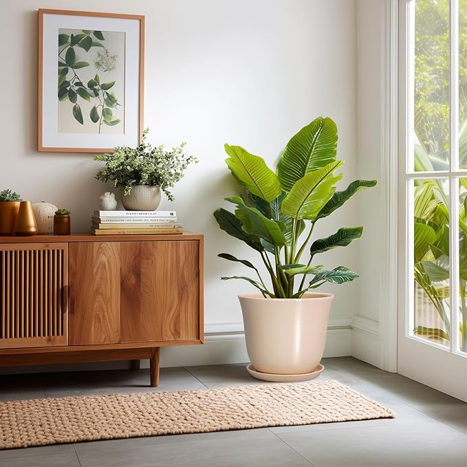 Ceramic Plant Pots - 12 Inch Plant Pot with Drainage Hole and Tray, Large Round Flower Pot for Indoor Outdoor, Modern Planter, Decorative Planters, Home Garden Decor, Beige