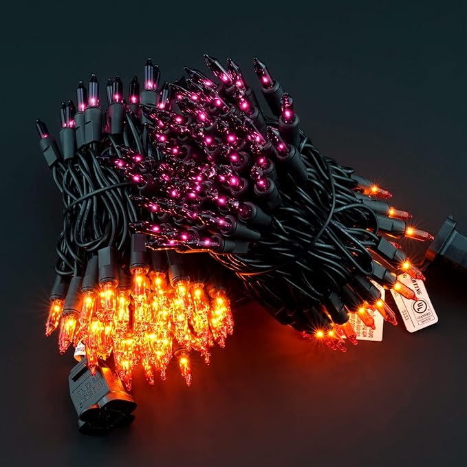 YULETIME 200 Orange & Purple Christmas Lights, Pack of 2 Strands of 21 ft 100 Count UL Certified Incandescent Mini String Light (Orange & Purple - Black Wire)