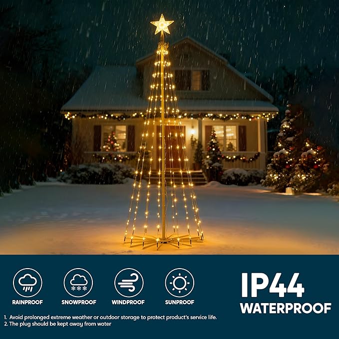 JOIEDOMI LED Christmas Cone Tree Lights, 6FT Outdoor Lighted Tree with 8 Lighting Modes & Star Topper, Christmas Decorations for Yard Porch Patio Garden Holiday Decor, Multicolor