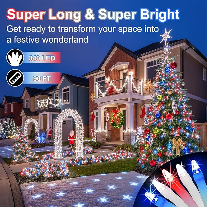 340 LED 90FT Christmas String Lights Outdoor, 12 Pro Modes and Timer Memory & Brightness, Plug in Outdoor Waterproof Clear Wire Twinkle Light for for Xmas Yard Tree Wedding Party Decor Red White Blue