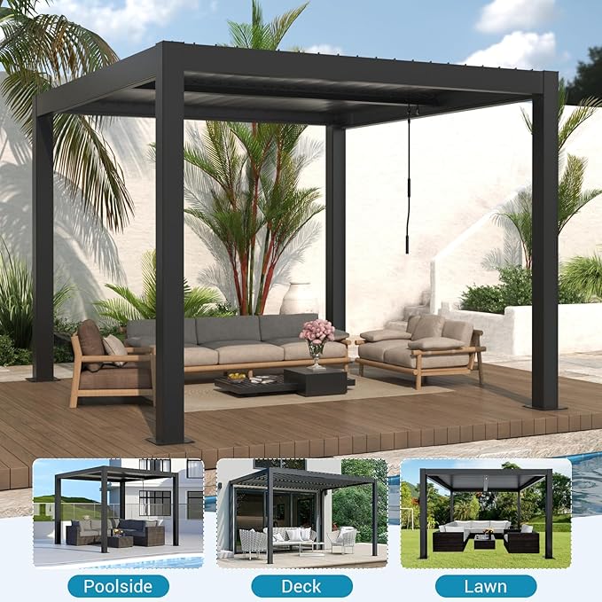 LVUYOYO Outdoor Louvered Pergola 10' x 10', Aluminum Pergola with Adjustable Roof, Waterproof Metal Gazebo for Patio, Backyard, Garden, Deck (Black)