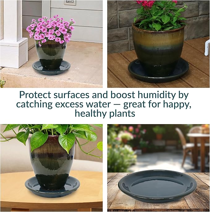 Sunnydaze 9-Inch Ceramic Plant Saucers - Plant Drip Trays for Outdoor Planter Flower Pot Drainage - Set of 2 - Forest Lake Green