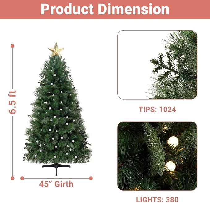 Evangeline 6.5ft Rotating Christmas Tree with Star Projector, 1024 Branch Tips, 380 Warm Lights and Rotating Base, 45" Wide Realistic Traditional Christmas Tree with Lights by Naomi Home