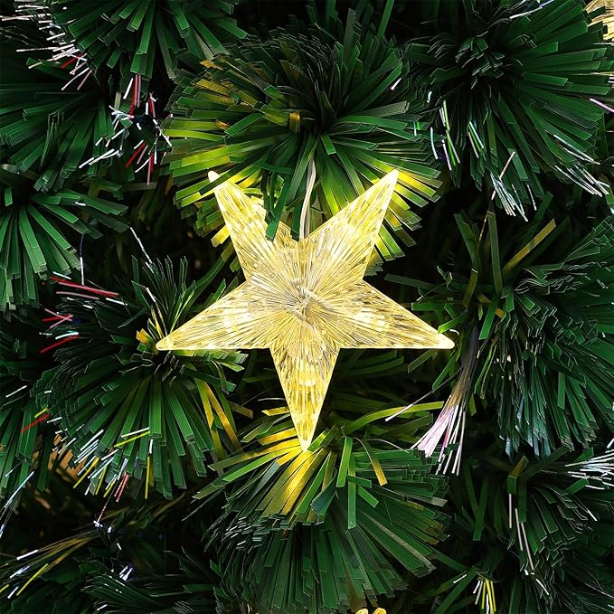 Juegoal 7ft Pre-Lit Artificial Christmas Tree, Lighted Optical Fiber Xmas Trees with Warm White Large Stars & Color Changing Optical Fiber Lights, Party Home Holiday Green Fake Tree with Metal Legs