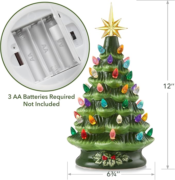 Casafield Hand Painted Ceramic Christmas Tree, Green 12-Inch Pre-Lit Tree with 100 Multi Color Lights and 2 Star Toppers