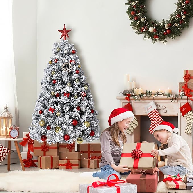 GarveeHome 6ft Prelit Artificial Christmas Tree with Warm White Lights, Snow Flocked Full Xmas Tree with 710 Branch Tips, 250 LED Lights & Foldable Stand, Green & White Christmas Decorations