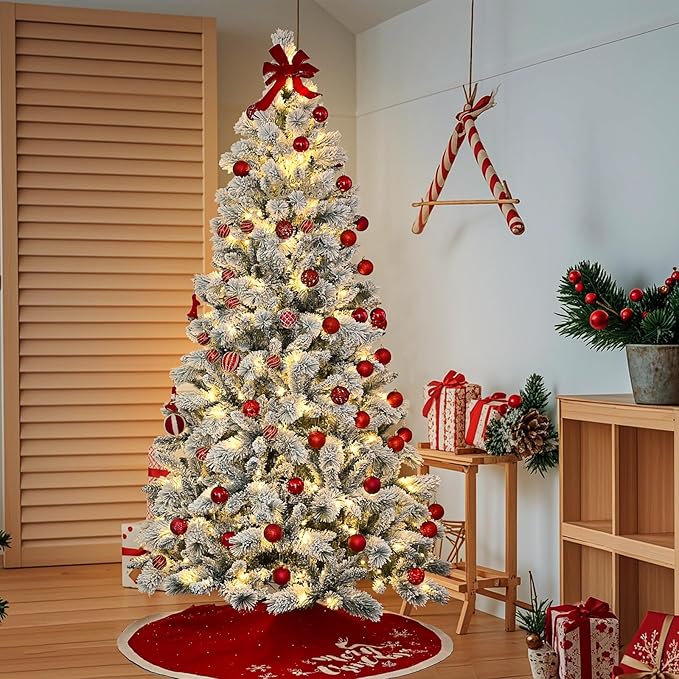 5 Ft Pre-Lit Snow Flocked Artificial Christmas Tree with 250 Warm LED Lights, Premium Holiday Xmas Tree with 518 Realistic Branch Tips, Metal Stand for Indoor Home/Office Decor (Easy Assembly)