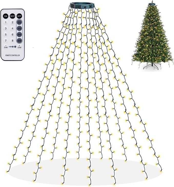 Dazzle Bright Christmas Tree Lights, 448 LED Waterfall Tree Topper Lights with Remote & 8 Lighting Modes, 8.2FT X 16 Lines Christmas Light for Indoor Outdoor Yard Party Xmas Decoration (Warm White)