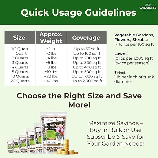 13-13-13 Slow Release Granular Fertilizer – All Purpose Plant Food 13 13 13 for Outdoor Grass, Vegetables, Roses, Flowers, Shrubs, Trees. Lawns, Gardens, Potted Plants (4 quarts)