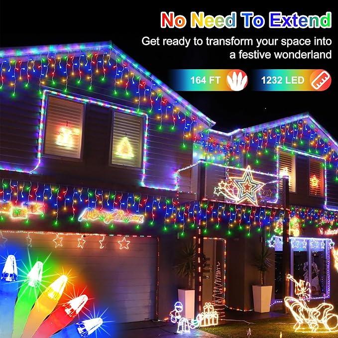 1296LED Christmas Lights with 288 Drops, 131ft Christmas String Lights with 8 Modes, Waterproof Outdoor Decorations Fairy Lights with Timer Memory for Xmas Party Patio Window Fence Multicolor