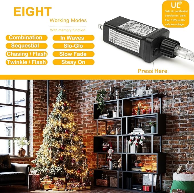 Decute 300LED Christmas String Lights Outdoor Waterproof 105FT UL Certified with End-to-End Plug 8 Modes, Warm White Indoor Starry Fairy Lights for Christmas Tree Patio Garden Wedding Party Decor