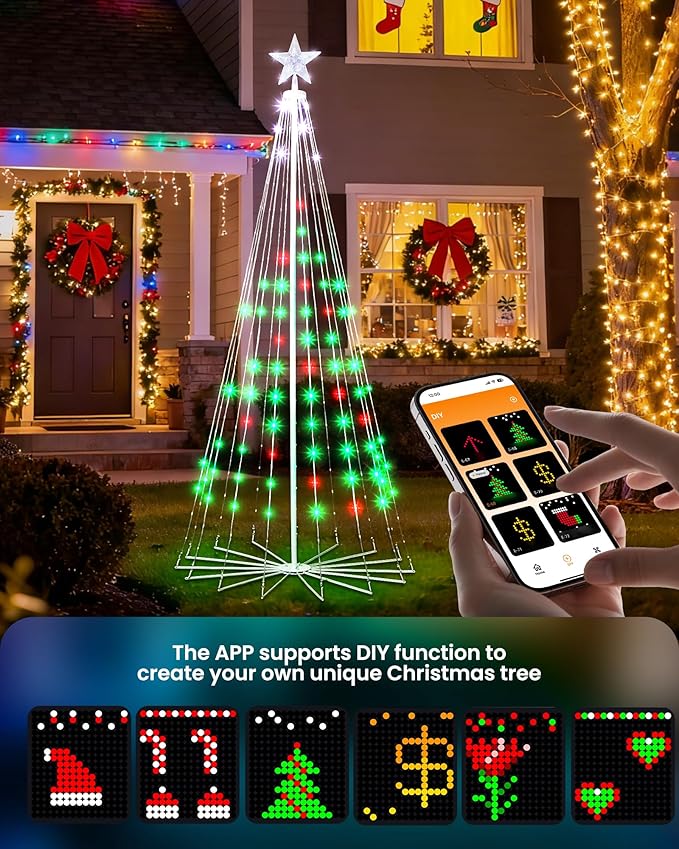 Christmas Cone Tree, 3 Pack 4/5/7FT 110/205/295 LEDs with Smart APP and Local Control, DIY Pattern and Text Displayable, IP65 Waterproof for Indoor Outdoor Decorations