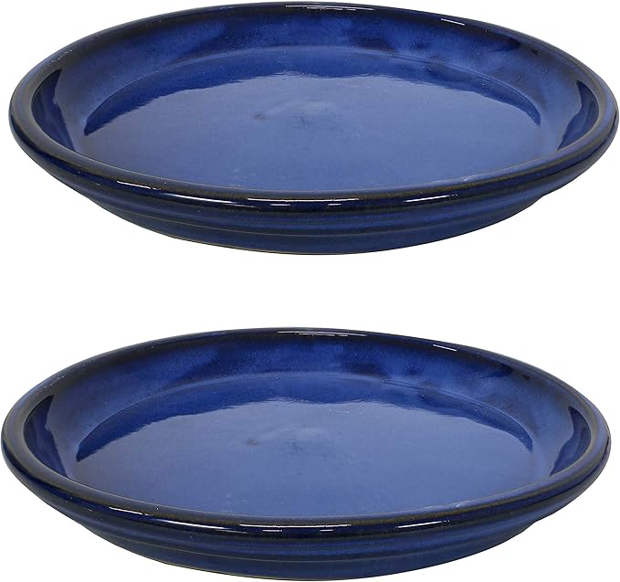 Sunnydaze 12-Inch Ceramic Plant Saucers - Plant Drip Trays for Outdoor Planter Flower Pot Drainage - Set of 2 - Imperial Blue