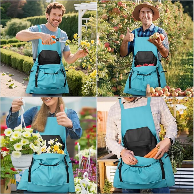 Gardening Apron with Pockets for Women – Harvest Apron for Garden Vegetables, Water Resistant Adjustable Cross Back Tool Apron, Gardening Gift for Plant Lovers & Gardeners - Blue