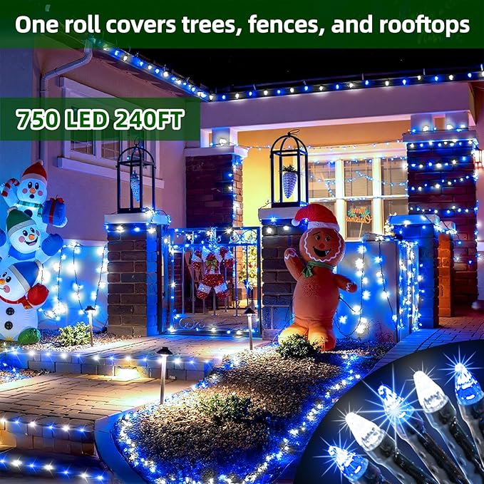 750 LED 240FT Christmas Lights Outdoor,12 Lighting Modes Christmas String Lights with Timer, Dimmable Blue Cool White LED StringLights Waterproof for Yard Wedding Party Holiday Decor Blue&CoolWhite