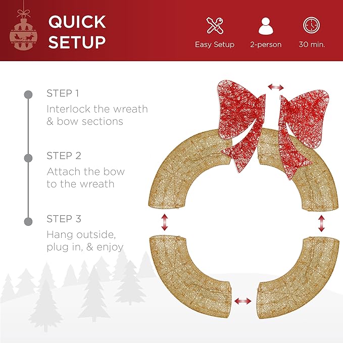 Best Choice Products 48in Pre-Lit Outdoor Christmas Wreath Decoration, LED Metal Holiday Decor for Home w/ 140 Lights, Bow - Gold/Red