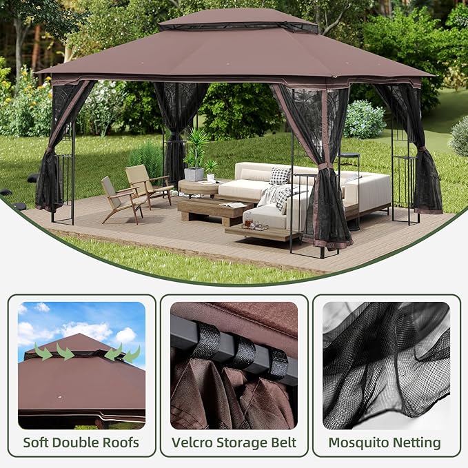 ECOTOUGE 10' X 13' Outdoor Gazebo, Soft Double Roof Canopy Tent with Mosquito Netting, Party Tent Shelter with Corner Frame Shelves for Patio, Backyard, Deck, Brown