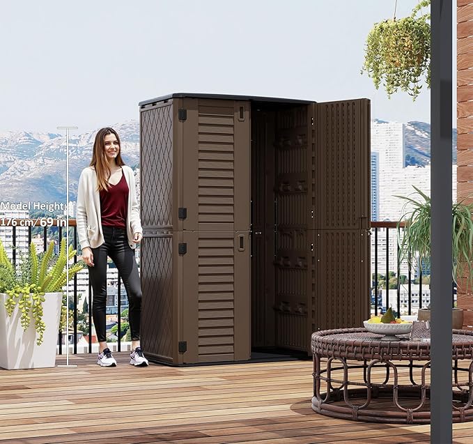HOMSPARK Storage Shed Weather Resistance, Multi-Purpose Outdoor Storage Cabinet for Backyards and Patios, Horizontal Storage Shed for Lawnmower, Patio Accessories (Coffee, Tall - 53 cu.ft)