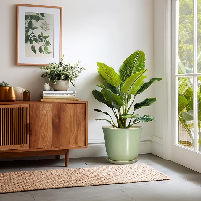 Ceramic Planter - 12 Inch Plant Pot for Indoor Outdoor, Round Planter with Drainage Hole and Saucer, Large Plant Pot, Modern Flower Pots, Home Garden Apartment Decor, Gardening Gifts, Green