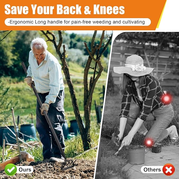 Garden Hoe Tool - Heavy Duty 2 in 1 Hula Scuffle Hoes with Cultivator Tiller for Weeding Grass,Loosening Soil,Sharp Blade,36-60” Long Handle,Push Pull Action Hoe with Scraper Rake for Gardening