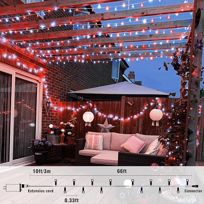 66FT 200 LED Christmas Lights Outdoor, Plug in Christmas String Lights Indoor, Waterproof & 8 Modes & Timer Function, Connectable Fairy Twinkle Light for Bedroom Classroom Wedding Decor, Red White