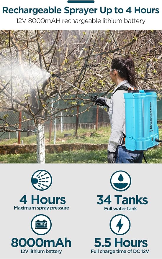 4 Gallon Battery Powered Backpack Sprayer with Mixer, 100 PSI Powerful Pressure Weeds Insecticide Pesticide Electric Sprayer, 31.50 in Metal Spray Pole, 5 Nozzles, Ergonomic Backpack, for Lawn Garden
