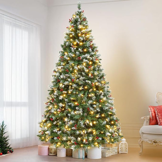 7.5ft Prelit Spruce Artificial Christmas Tree, Full Prelighted Xmas Tree Partially Flocked, 550 LED Lights, 1398 Branch Tips, 82 Pinecones, 82 Berries, Foldable Base, Holiday Decoration