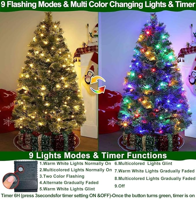 4.5 Ft Full Christmas Tree with Warm White&Color Lights, Frosted Smoky Pine,Pine Cones, 150 LEDs, Timer, Small Xmas Tree Decoration for Home, Tabletop, Office, Indoor, Outdoor, Metal Hinges Stand