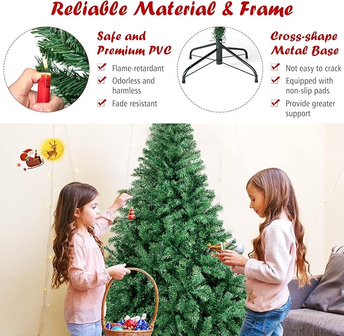 Goplus 6ft Artificial Christmas Tree, Premium Unlit Hinged Spruce Full Tree with 1000 Branch Tips, Metal Stand, Hinged Structure, Easy Assembly Festival Celebration Xmas Tree for Home, Office, Party