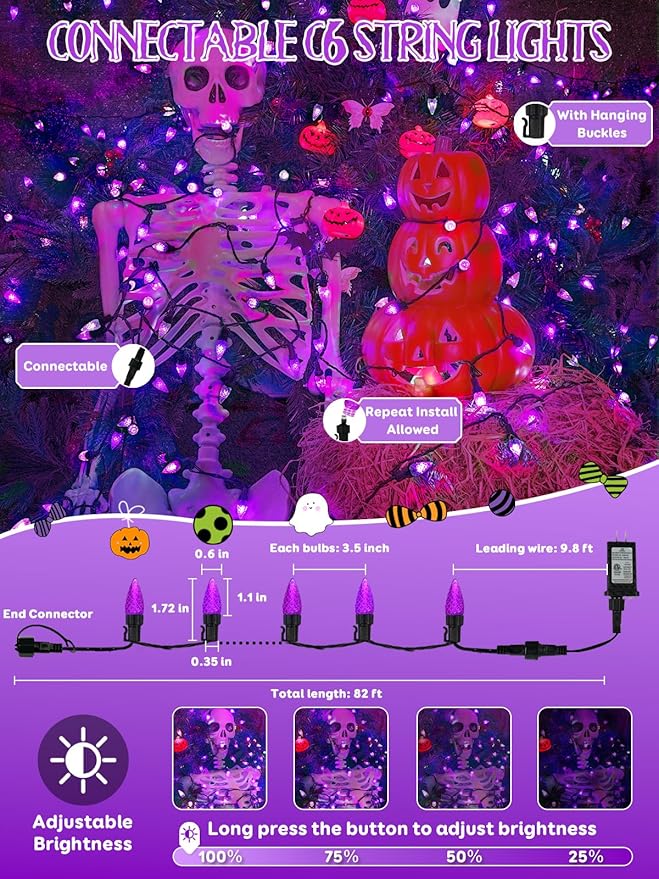 Upgraded 250LED C6 Connectable Halloween String Lights, 82FT Waterproof Purple Light for Outside, Fairy Twinkle Light Plug in with 13 Modes & Timer for Outdoor Indoor Party Tree Halloween Decorations