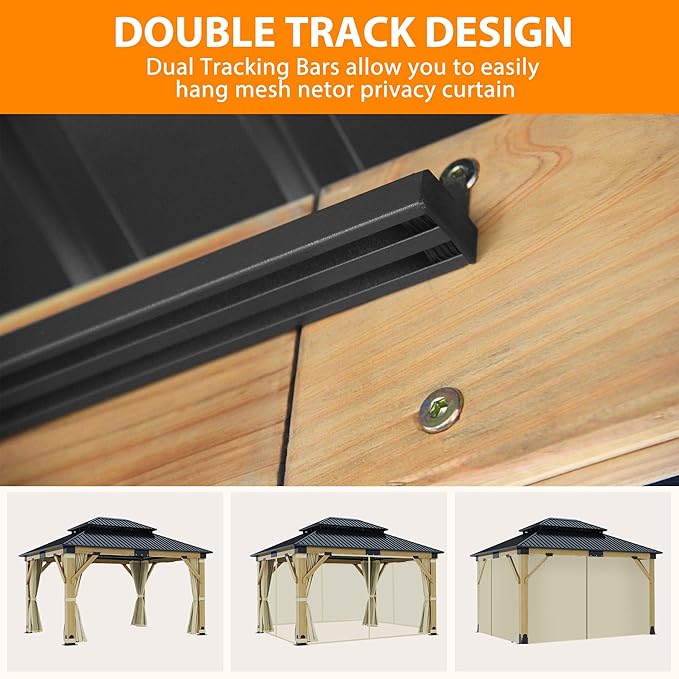 11x13FT Wood Gazebo, Outdoor Wooden Gazebo with Galvanized Steel Double Roof, Hardtop Gazebos for Garden, Patio, Deck, Backyard (w/Beige Curtain &Netting)