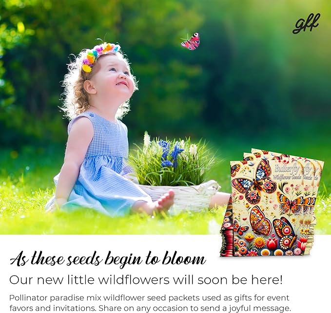 Pollinator Paradise Seed Mix (20 Packs) Seeds Packets for Humming Birds, Butterflies and Bees - Ideal for Wedding Party Favors Bridal Shower School Events Thank You Corporate Event Memorials