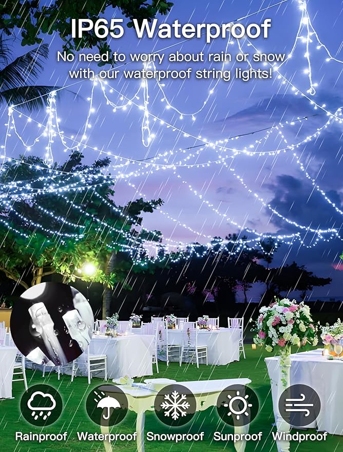 33FT 100 LEDs String Lights Waterproof Fairy Lights 8 Modes with Memory 30V UL Certified Power Supply for Home, Garden, Wedding, Party, Christmas Decoration Indoor Outdoor (Cool White)