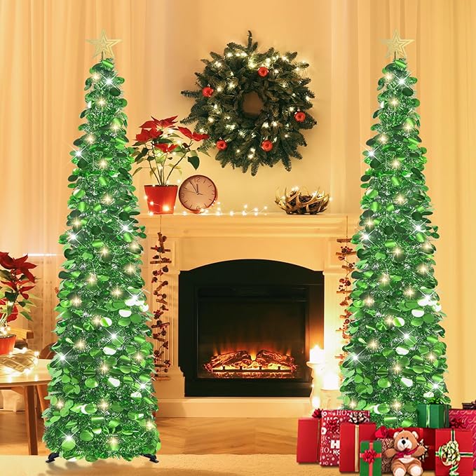 HMASYO 6 FT Pop Up Christmas Tree with 100 LED Lights & Remote, Green Christmas Tinsel Tree, Collapsible Artificial Pencil Tree for Home Office Party Decor, USB Powered Timer Lights, Easy Assembly