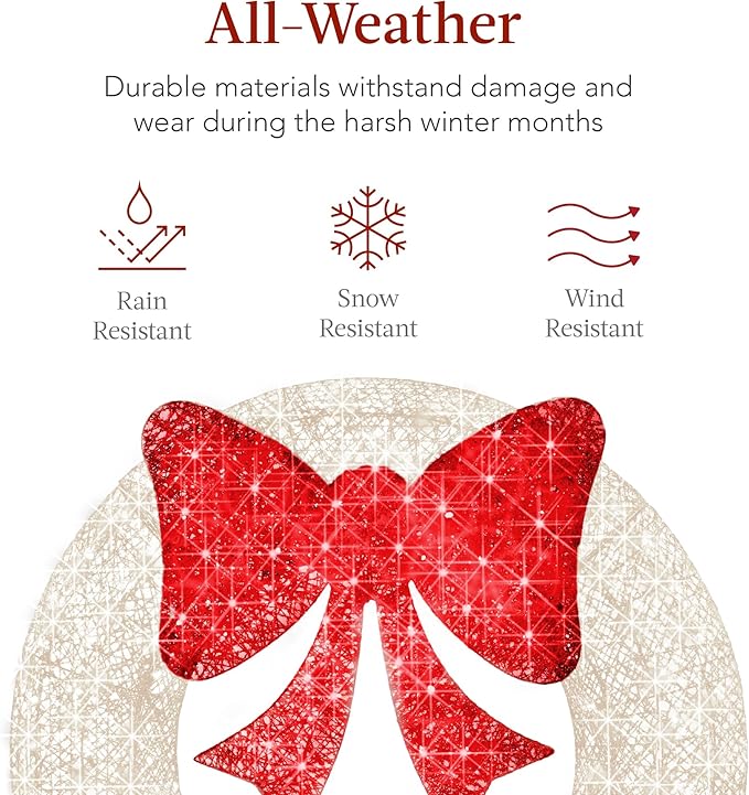Best Choice Products 60in Pre-Lit Outdoor Christmas Wreath Decoration, LED Metal Holiday Decor for Home Exterior, Garden w/ 206 Lights, Bow - White/Red