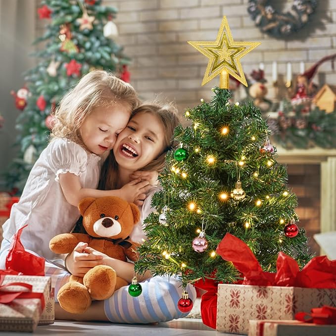 Uten Mini Christmas Tree Small Christmas Balls 28Pcs, Treetop Star 50 LED Waterproof Battery Box with Red Cement Base Christmas Decorations for Home, Office, Party