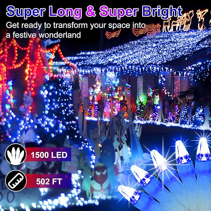 1500 LED 502FT Christmas String Lights Outdoor, Christmas Light with 8 Lighting Modes& Timer & Memory, Plug in Outdoor Waterproof Clear Wire Twinkle Light for for Xmas Yard Tree Party Decor Blue
