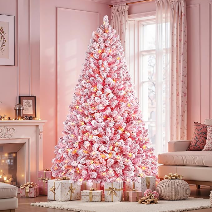SHareconn 6ft Pre-Lit Flocked Spruce Artificial Hinged Christmas Tree with Remote, Timer and 330 Warm White & Multi-Color Lights, 950 Branch Tips, Perfect Choice for Xmas Decoration, 6 FT, Pink