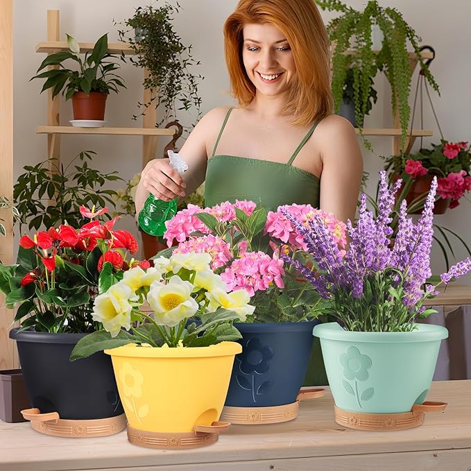 Plastic Plant Pots 10 Inch Set of 4, Self Watering Pots with Drainage Holes, Saucer & Reservoir, Flower Pots for Indoor/Outdoor Plants, Decorative Nursery Planting Pots (Multicolor)