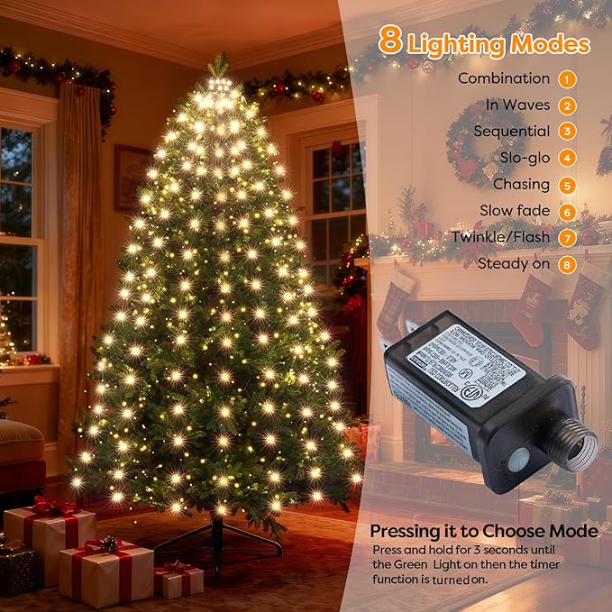 Christmas Tree Lights WarmWhite Christmas Lights Outdoor Indoor 400Led 10 Lines Christmas Light with 8 Modes and Timer, Fairy Tree Light for Wedding Home Party 6Ft - 9Ft Xmas Trees Decor(No Remote)