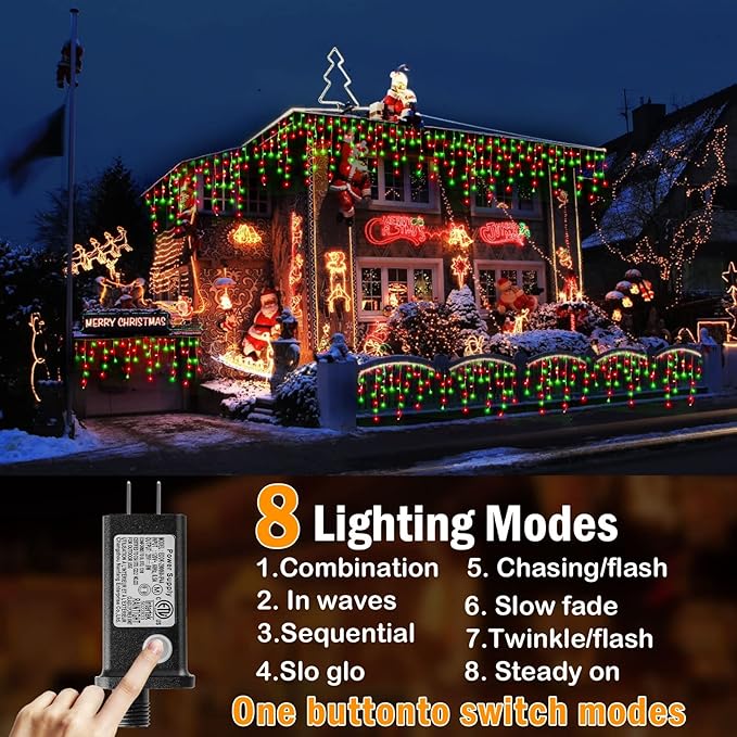 KNONEW 99ft 1216 LED Christmas Lights Outdoor Decorations with 228 Drops, 8 Modes Curtain Fairy Light, Clear Wire LED String Light Decor for Wedding Party Christmas (Red and Green)