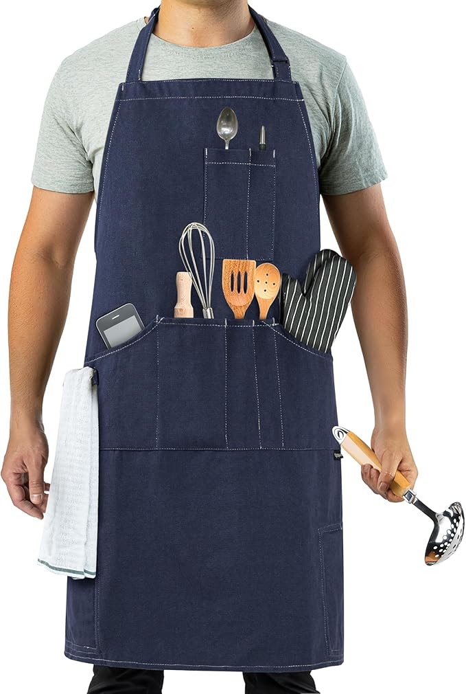 opux Chef Apron for Men, Kitchen Apron with Pockets for Women, Large Unisex Canvas Apron for Cooking Grilling BBQ Baking.