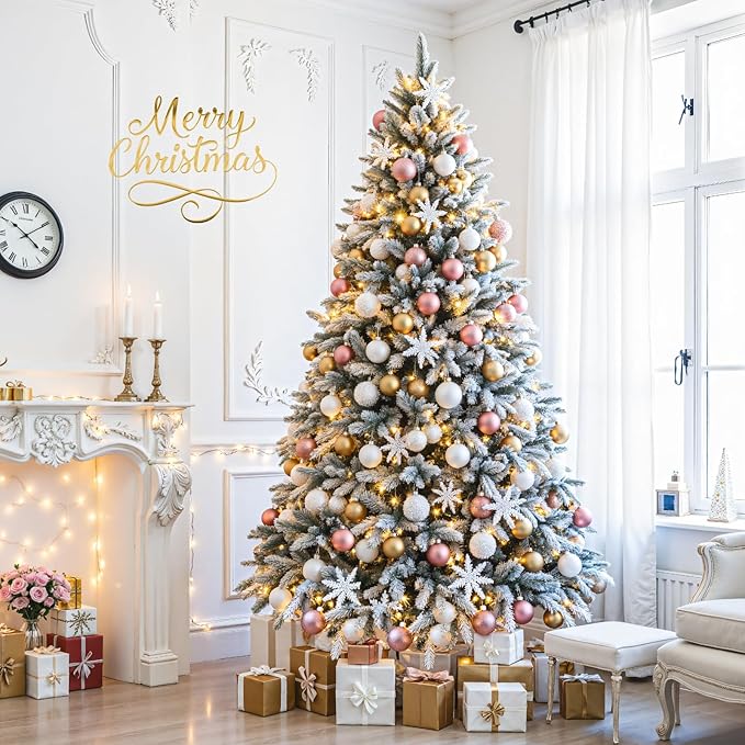 Thalassophile 9ft Pre-Lit Flocked Christmas Tree with Rotating Stand, Prelit Rotating Artificial Hinged Xmas Tree with Remote, 600 Lights Warm White & Multi Color, 2512 Branch Tips, Snow Flocked