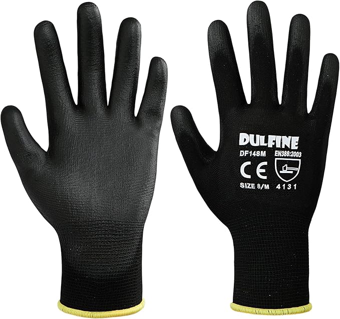 Ultra-Thin PU Coated Work Gloves-12 Pairs,Excellent Grip,Nylon Shell Black Polyurethane Coated Safety Work Gloves, Knit Wrist Cuff,Ideal for Light Duty Work. (Medium)