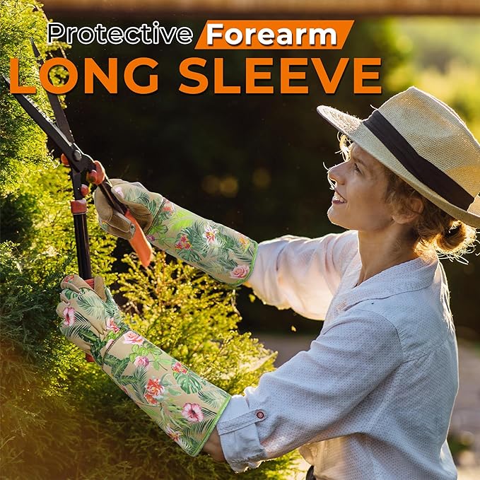 HANDLANDY Leather Gardening Gloves for Women, Scratch Resistant Breathable Ladies Rose Pruning Garden Gauntlet Yard Gloves, Gift for Gardeners (Khaki, XL)