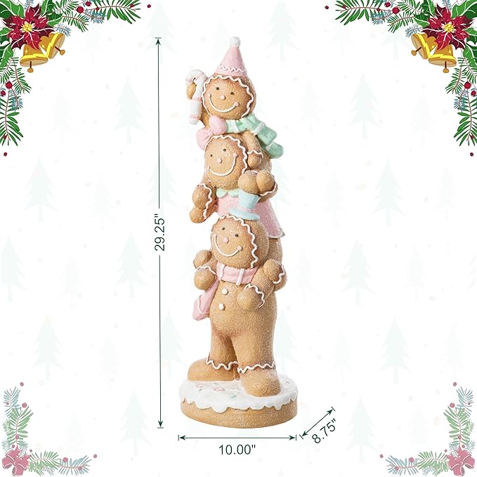 Glitzhome Christmas Front Porch Decor, Macaron Pink Resin Stacked Gingerbread Man Xmas Porch Sign Decoration for Indoor Outdoor Patio Standing Decor, 29.25" H