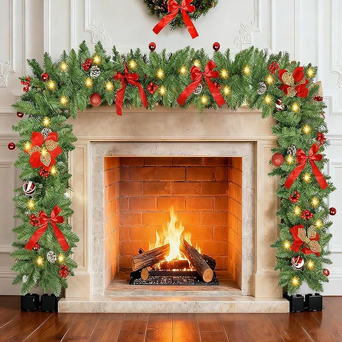 Christmas Garland with Lights, 9FT 30 LED Prelit Christmas Garland for Mantle,Outdoor Indoor Christmas Decorations Garland Battery Operated with Timer, Bows,Flowers,for Stairs,Railing,Fireplace,Door