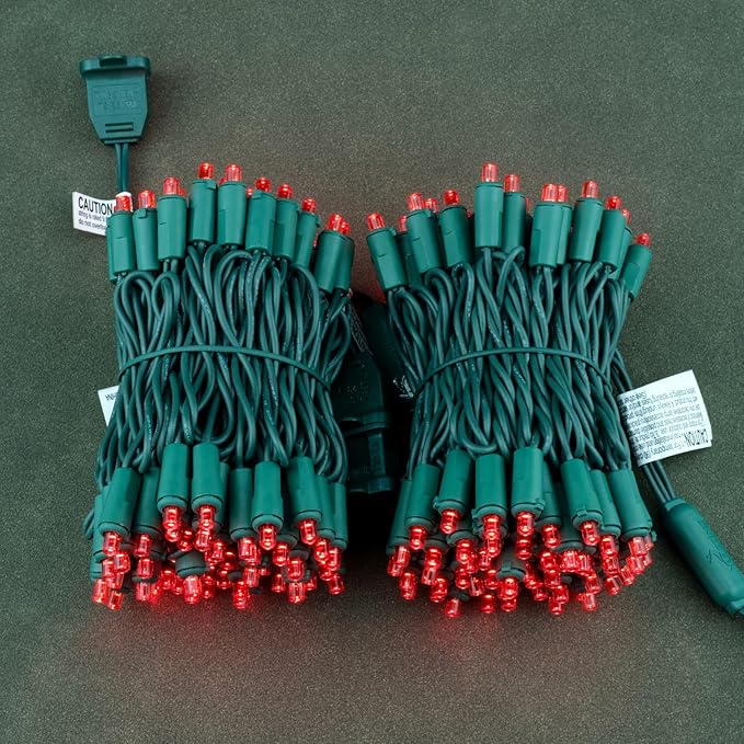 YULETIME Red Wide Angle LED Christmas Lights 200 Count 50 ft, Pack of 2 Strands 25 ft 100 Lights UL Certified String Light Set (Red)