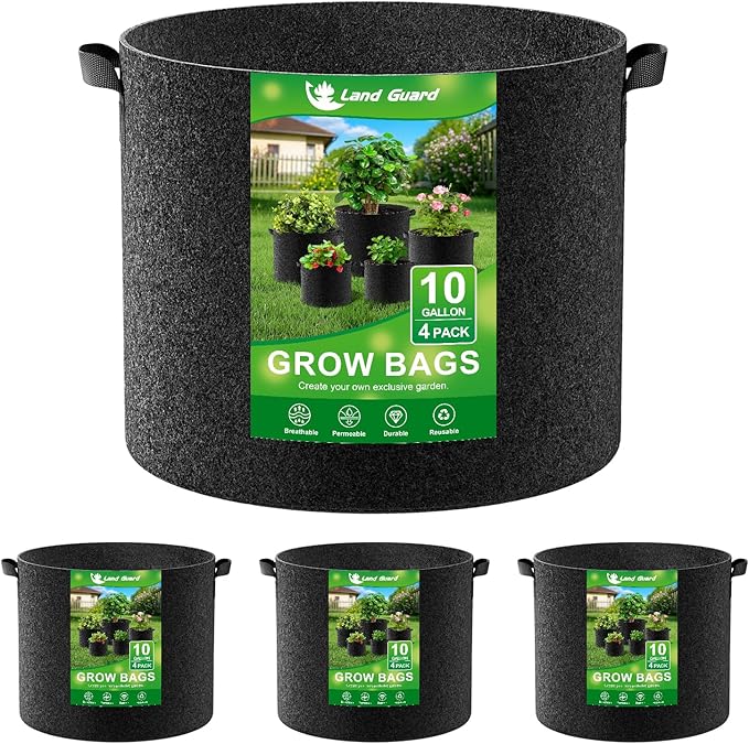 Land Guard 4-Pack Fabric Grow Bags 10 Gallon, Thickened Nonwoven Garden Pots, Growing Bags with Handles, Black