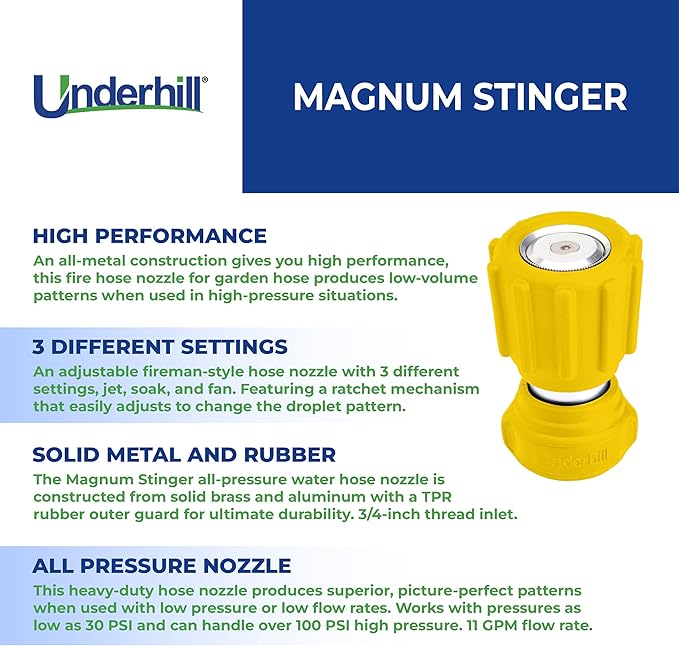 Underhill Magnum Stinger All Pressure Garden Hose Nozzle Heavy Duty Fireman Style, 11 GPM 30-100 PSI, 3/4-Inch Thread Inlet, Jet Soak Fan, NG400